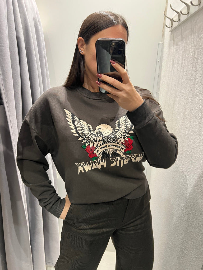 BLK30 HaveOne•Felpa garzata moro stampa aquila Mystic Hawk