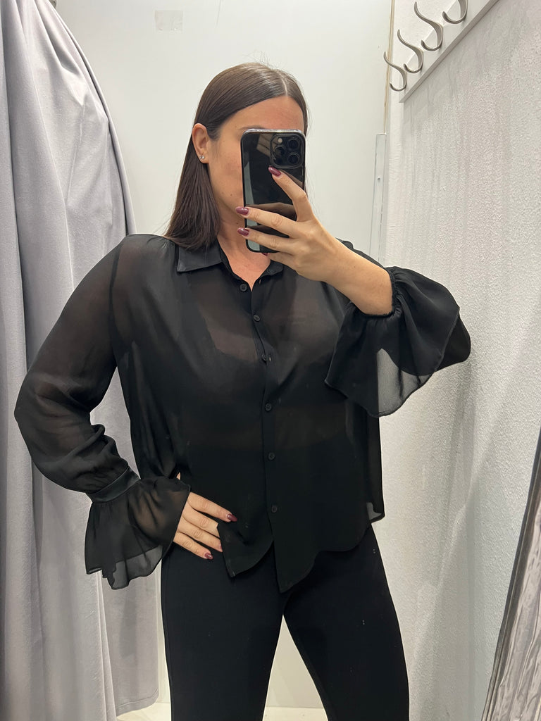 HaveOne•Camicia nera velata dettagli raso