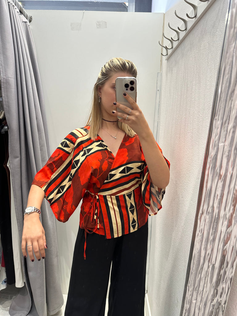 MSS💥HaveOne•Maglia kimono stampa etnica rossa