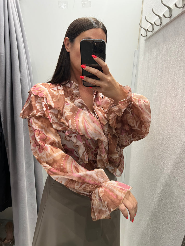KONTATTO•Camicia rouches fantasia beige/malva