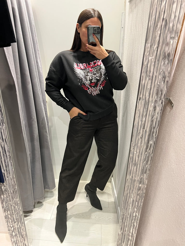 BLK30 HaveOne•Felpa garzata nera stampa leo Rock Roll