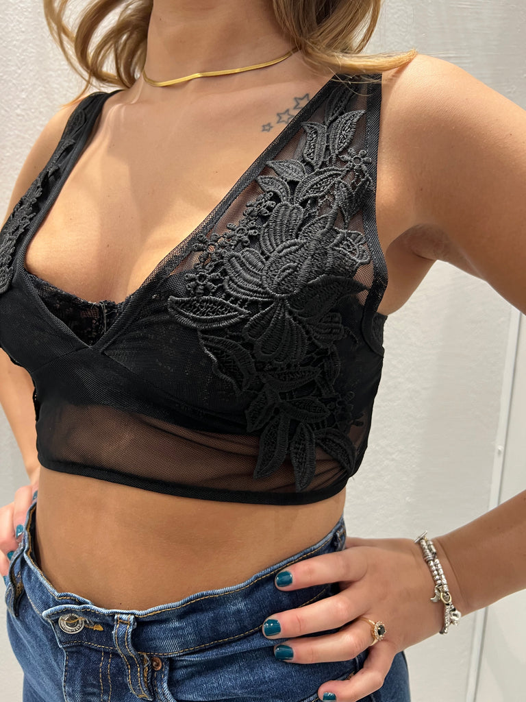 Have One-Top nero in tulle con ricamo pizzo