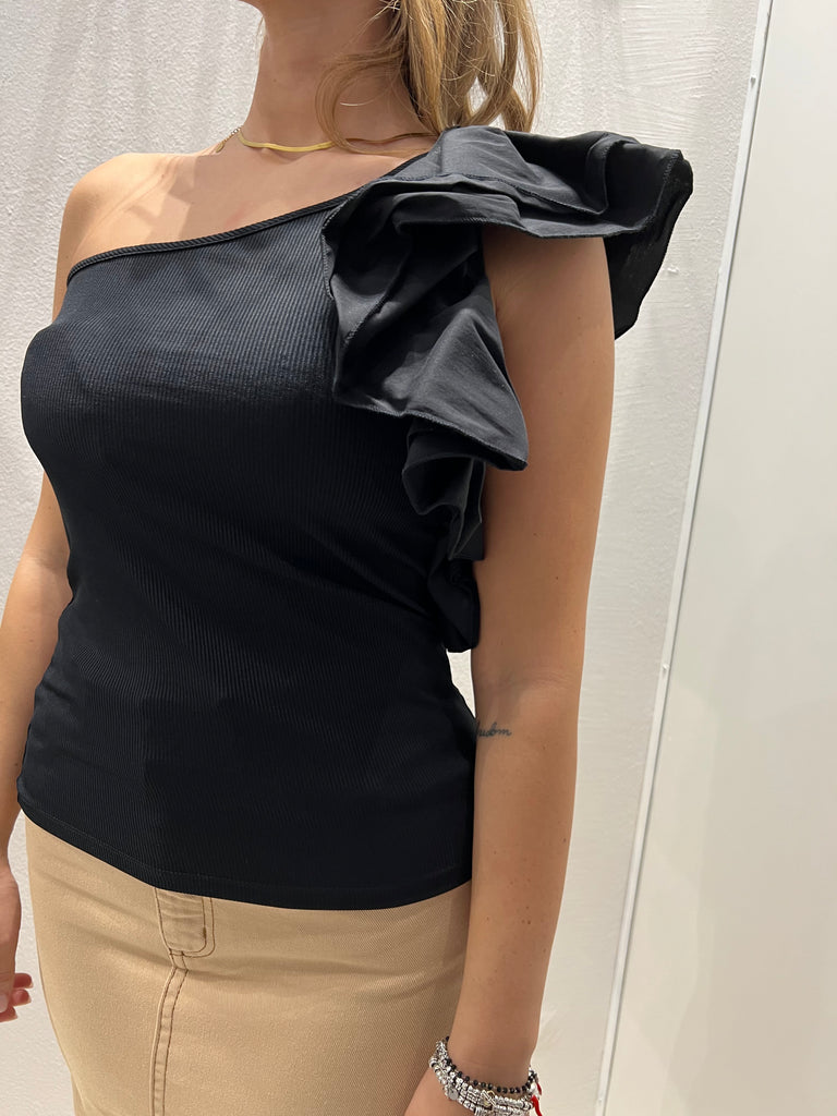 Imperial Canotta monospalla nera a costine con frappa