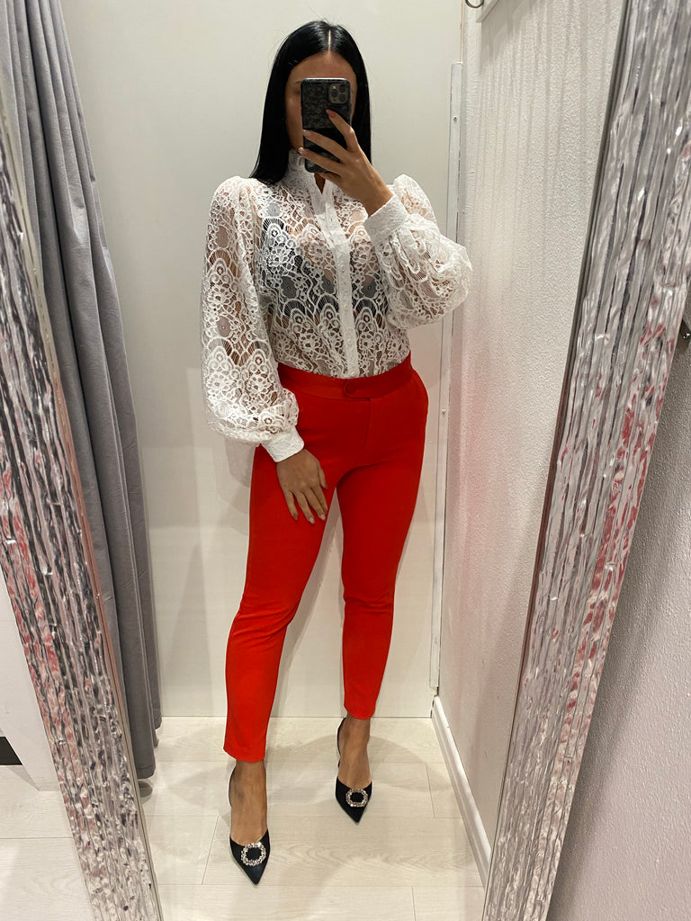 MSS💥Imperial•Pantalone aderente ed attillato con inserti in raso rosso corallo