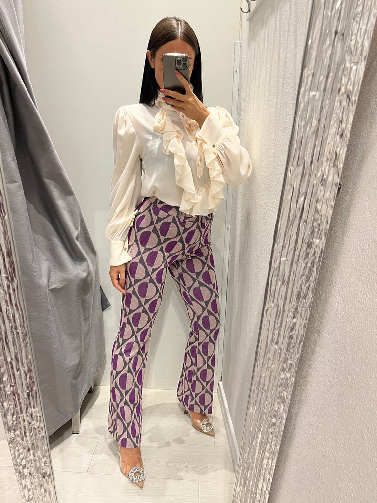 Vicolo Pantalone flare fantasia geometrica viola con lurex