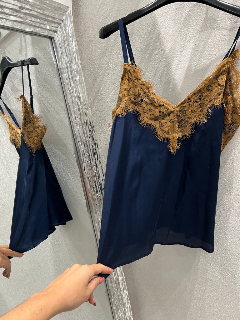 🚨Angela Davis-Canotta blu con pizzo tabacco