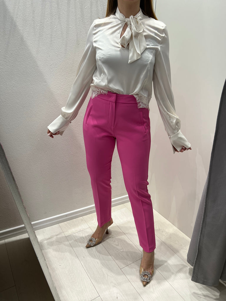 Kontatto-Pantalone pink taschine a filetto ed elastico in vita